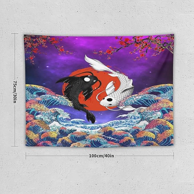 Houselerax Japanese Koi Fish Tapestry, Yin Yang Big Wave Cherry Blossom Tapestries Wall Hanging for Bedroom Living Room Office Decor 40"x30"