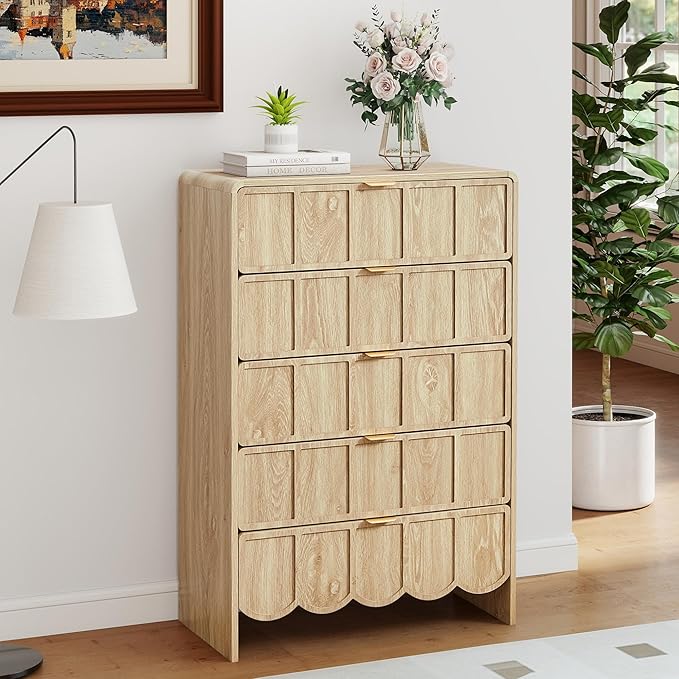 5 Drawer Dresser for Bedroom, Modern Closet Chest of Drawers with Wave Fluted Drawer, Wood Storage Small Dresser Organizer for Nursery Bedroom Living Room Hallway Closet (Natural)