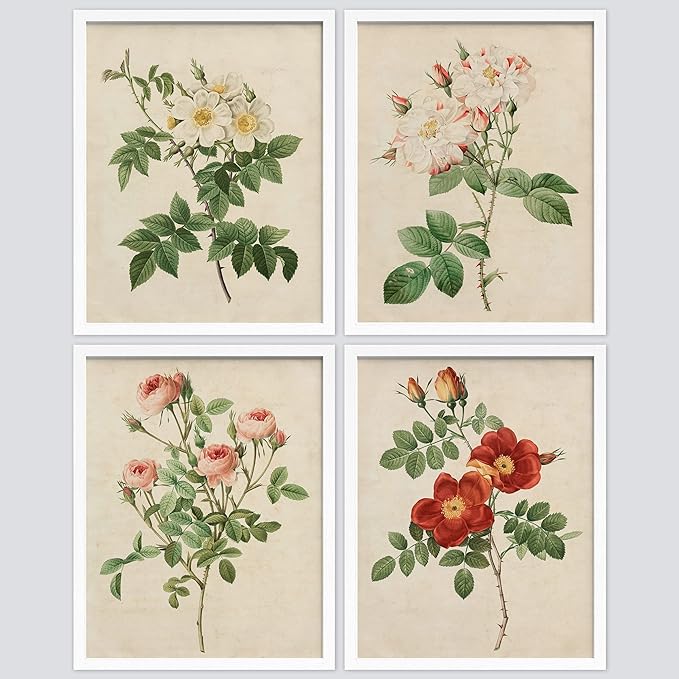 SIGNWIN Framed Vintage Colorful Wildflower Wall Art, Set of 4 Variety Floral Wall Decor Prints, Nature Wilderness Wall Décor for Living Room, Bedroom - 8"x10" White