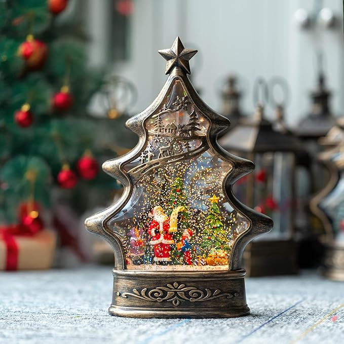 Musical Snow Globe Christmas Tree Lantern Lighted Santa's List Christmas Snow Water Lantern Swirling Glittering Home Decoration and Gift, Battery Operated or USB Powered