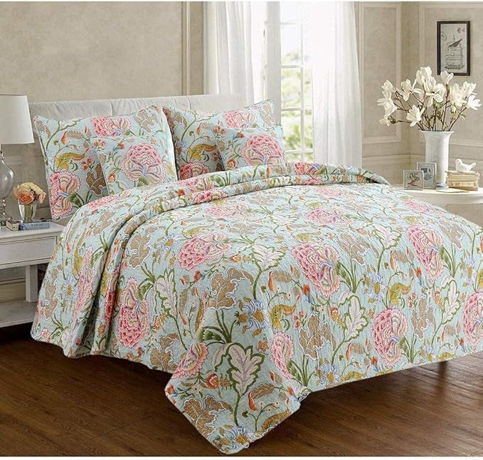 Cozy Line Home Fashions Blooming Red White Floral 100% Cotton Reversible Quilt Bedding Set, Coverlet Bedspread (Camellia Green, Queen - 3 Piece)