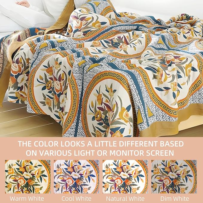 Boho Throw Blanket for Bed - 100% Pure Cotton Ultra Soft Rustic Quilt - Farmhouse Decor Bed Blankets, All Season Rustic Throw for Sofa Couch Chair(80''x 90'', Floral)