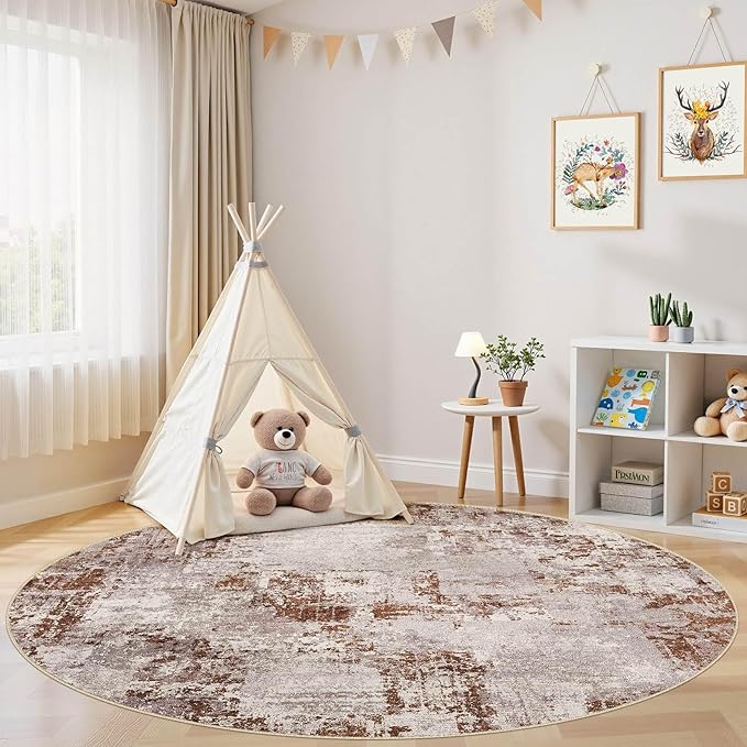 Tortania Washable 8' Round Area Rug for Living Room: Modern Abstract Neutral Large So' Thin Rugs - Non Slip Indoor Carpet for Bedroom Dining Room Office Nursery Home Floor Decoration - Brown
