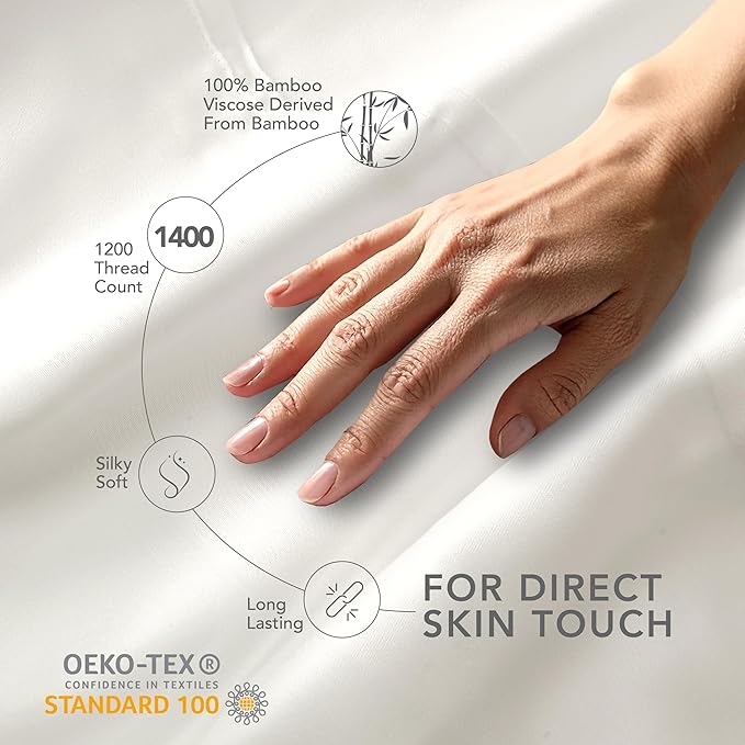 EPITEX Solid 4 Piece Queen Sheet Set - Viscose Derived from Bamboo, 1400 Thread Count, Breathable and Cooling Bed Sheets Set, Luxurious Silky Bedding for Hot Sleeper, Deep Pocket Up to 16'', Beige