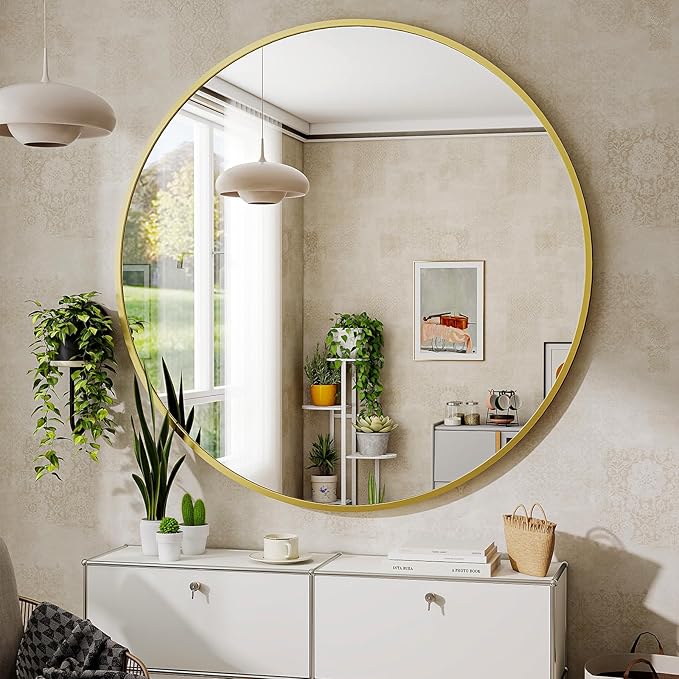 BEAUTYPEAK 48 Inch Round Mirror, Metal Frame Circle Mirror, Wall Mounted for Entryway, Bathroom, Vanity, Living Room, Gold