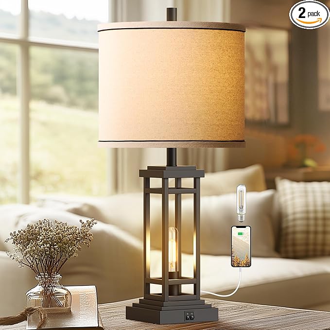 ROTTOGOON 27.5 Tall Farmhouse Table Lamp with USB C + USB A Charge Ports, Rustic Living Room Lamp, Black Industrial End Table Lamp for Bedroom Living Room Nightstand (Black)