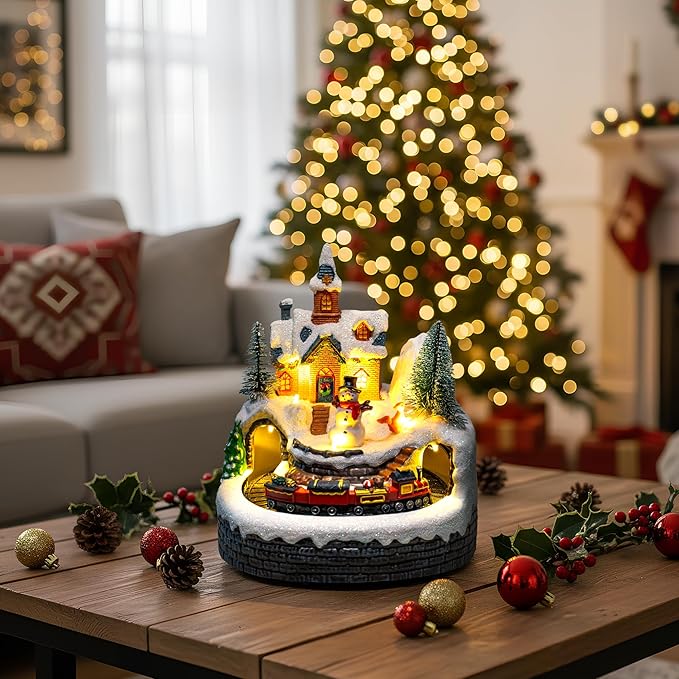 Animated Musical Christmas Village Figurines - Church Building and Snowman Statues with Rotating Train, LED Lights and Music - Battery & USB Powered Xmas Gifts and Festive Home Collection Decorations