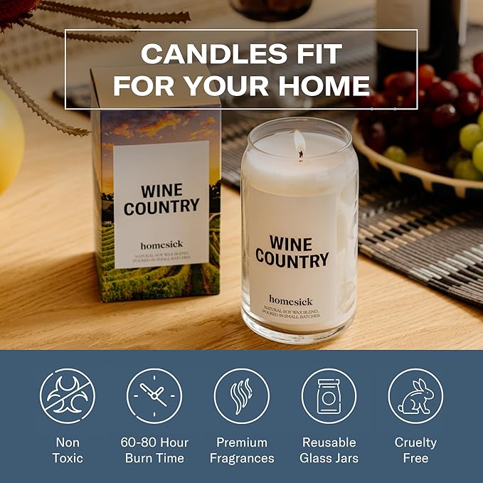 Homesick Scented Candles for Home (Wine Country) - 13.75 oz Long-Lasting Soy Wax Blend Jar Candle Gifts for Women & Men, 60-80 Hours Burn Time - Notes of Grapevines, Santal & Lily of The Valley