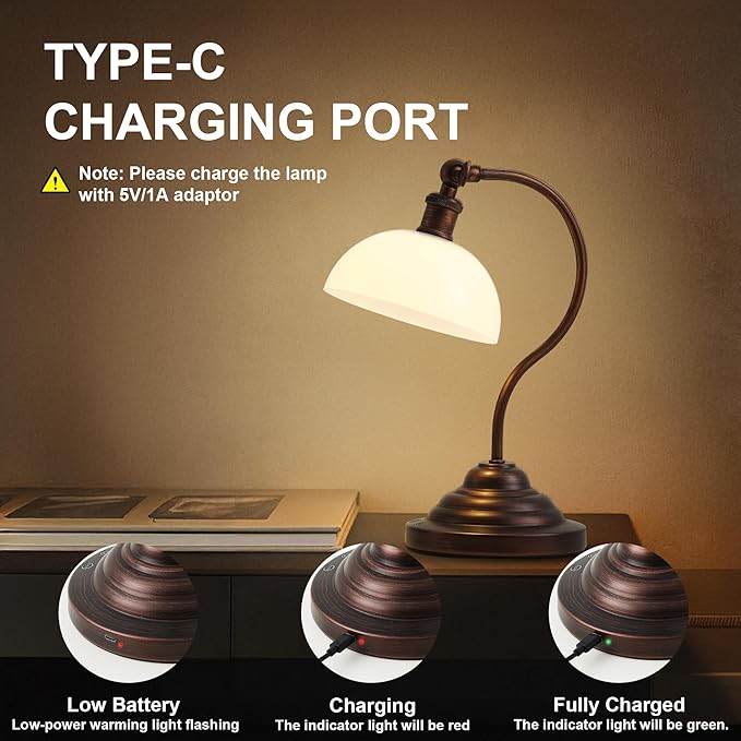 Cordless LED Table Lamp, 180° Swing Arm Desk Lamp, Rechargeable, Dimmable/3 Color/Memory Function, Vintage Rechargeable Table Light for Living Room,Bedroom,Bedside, Oil Rubbed Bronze