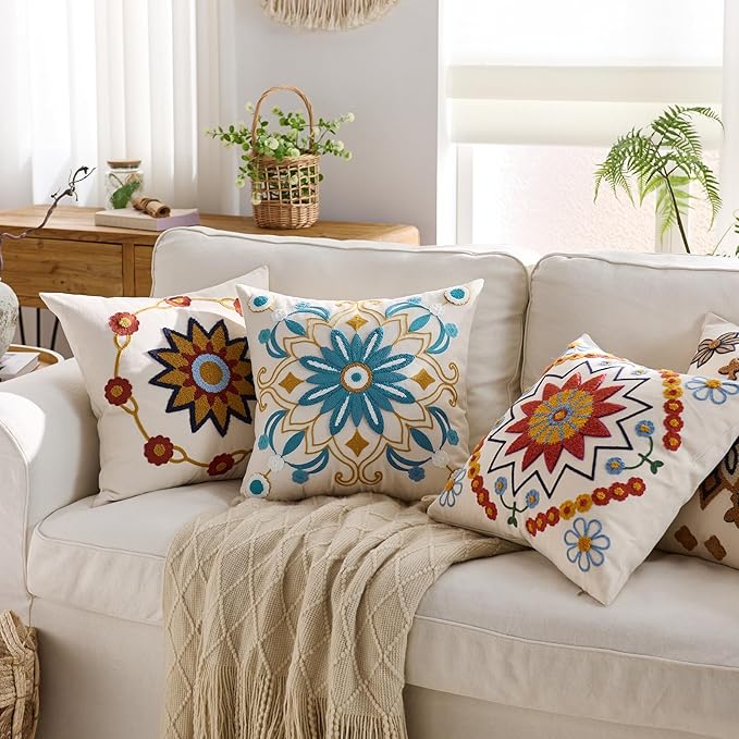 Embroidered Throw Pillow Cover 22x22 Classic Boho Floral Pattern Pillows Cover Outdoor Decorative Pillowcase,Durable Cozy Textured Cushion Case for Sofa Couch Bed Living Room,Teal