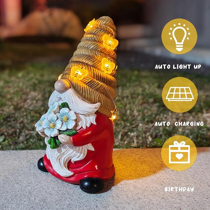 Outdoor Garden Gnomes Statue, Bee Flower Gnome Sculpture, with Solar LED Lights for Yard, Patio, Lawn Ornaments for Garden, Patio Gnome Gifts for Mom