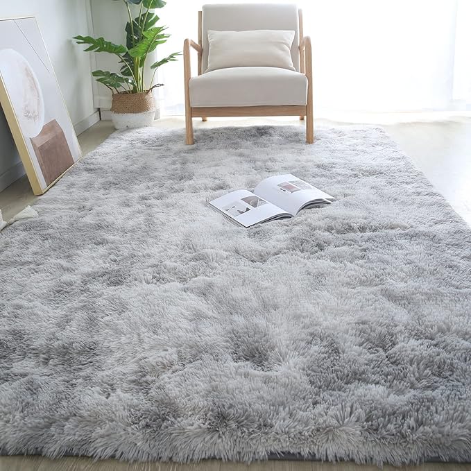CAIYUECS Grey Shag Area Rug for Bderoom: Gray Area Rugs 3x5- Ultra Soft Plush Shag Rug for Bedroom, Living Room, Nursery, Kids Room - Modern Home Decor (Tie-Dyed Light Gray, 3x5 Feet)