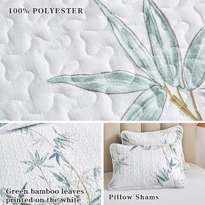 Botanical Quilt Set 3 Pieces King Size, Green Leaves Printed on White Reversible Bedspread Coverlet Set, Soft Microfiber Lightweight Bed Cover for All Season (102" x 90", 1 Quilt+ 2 Pillow Shams)