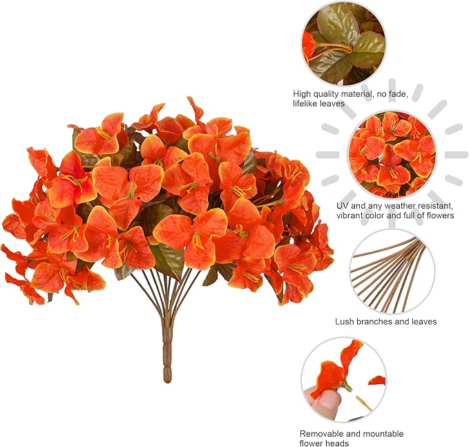 Ivydale Artificial Fall Flowers for Outdoors, 4 Bundles Faux Silk Bougainvillea Flower Plants Fake Outdoor Flowers for Planter Patio Porch Window Garden Home Decoration, Fall Orange