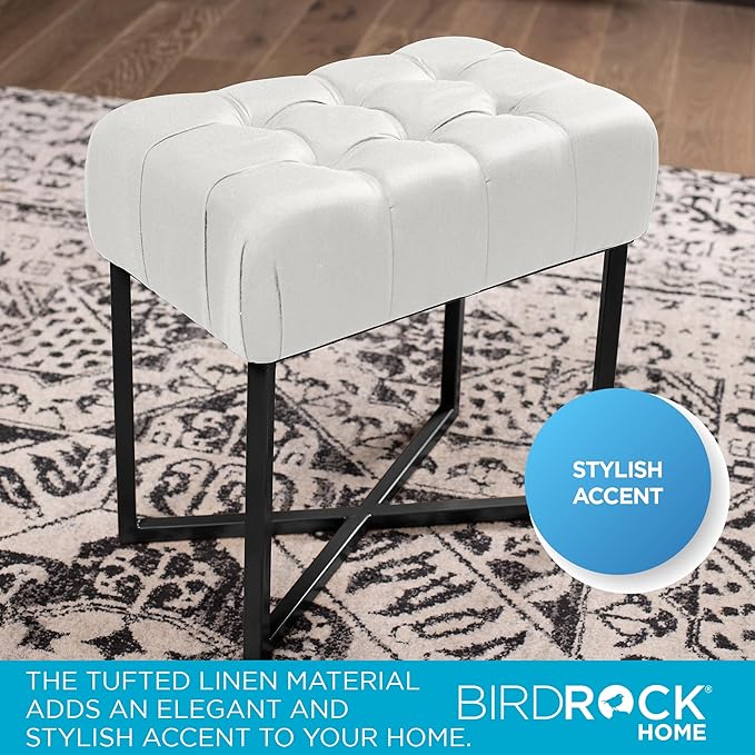 BIRDROCK HOME Rectangular Tufted Foot Stool Ottoman with Soft Padded Cushion - Versatile Vanity Chair for Bedroom, Living Room, Bathroom - Compact Seating for Adults - Cream with Black Metal Legs
