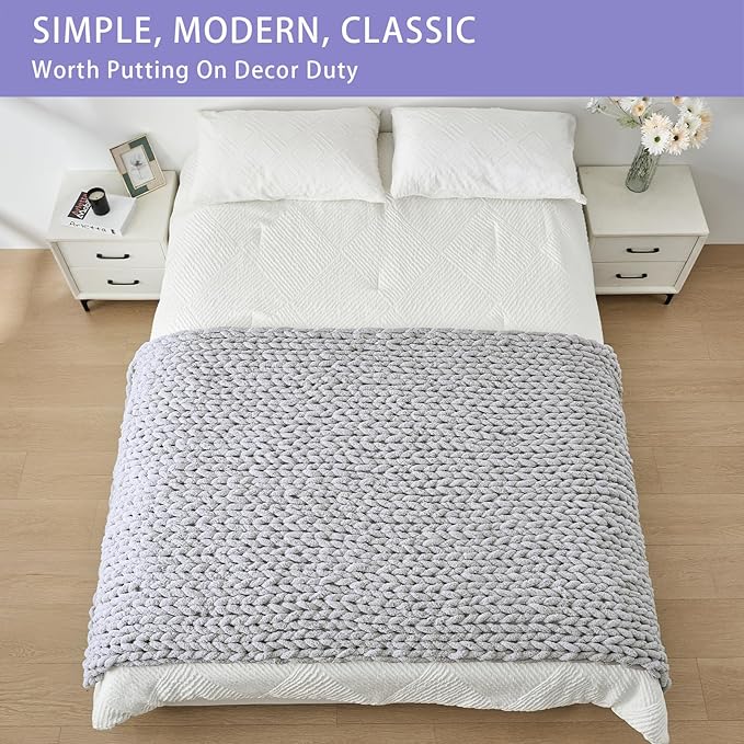 Bigacogo Chunky Knit Throw Blanket for Couch, 40x80 inches, 100% Hand Knitted with Thick Jumbo Chenille Yarn, Cozy Soft Large Rope Knot Cable Crochet Blankets for Sofa Bed Living Room, Light Grey