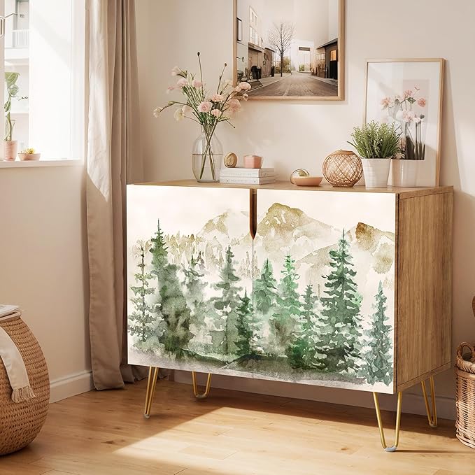 SIGNWIN Sideboard Buffet Cabinet, Kitchen Storage Cabinet with 2 Doors, Pastel Watercolor Mountain Forest, Cupboard Console Table for Dining Room - 35" L x 18" W x 29" H