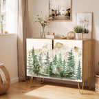 SIGNWIN Sideboard Buffet Cabinet, Kitchen Storage Cabinet with 2 Doors, Pastel Watercolor Mountain Forest, Cupboard Console Table for Dining Room - 35" L x 18" W x 29" H