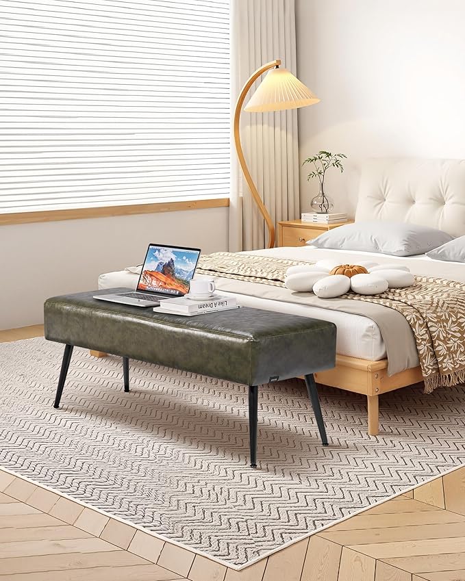 VEVOR Leather Bedroom Bench, PU Leather Bench with Metal Legs and with Stitching for Entryway, Upholstered Shoe Bench Seat, Modern End of The Bed Benches for Living Room, Dining Room, Hallway, Green