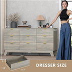 Fluted 9 Drawer Dresser, 57.1" Wide Modern Boho Chest of Drawers, Wooden Storage Dresser TV Stand for Bedroom, Living Room, Closet, Hallway, Curved Profile Design