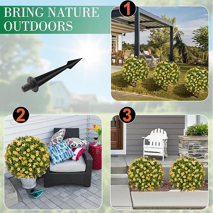 25" Artificial Boxwood Topiary Ball Fall Autumn Tree with Yellow Flowers，Fake Mums Plants with Ground Spike，Set of 2 UV Resistant Faux Bushes, Faux Shrubs for Garden, Patio, Porch, Yard, Indoor