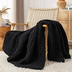 Chunky Knit Blanket Throw, 100% Hand Knit Throw Blanket Handmade Chenille Cable Knit Throw for Couch, Stylish Cozy Soft Rope Knot Crochet Blanket for Home Decor, Black, 50x60 Inches
