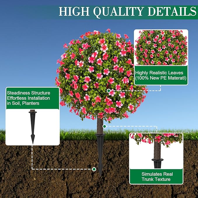 25" Artificial Boxwood Topiary Ball Trees with Rose Pink Flowers, Set of 2 UV Resistant No Fade Outdoor Faux Plants with Ground Spike, Fake Shrubs for Garden, Patio, Porch, Yard, Indoor Decor