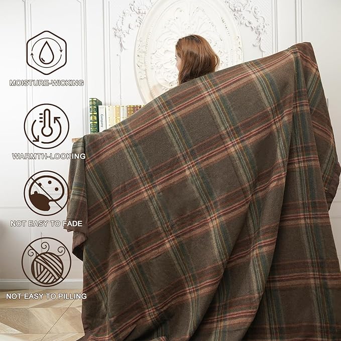 YOUR MOON 100% Pure Merino Wool King Size, Australian Organic Natural Wool Blanket, Hypoallergenic Wool Blanket for Bed, Medium Weight(Plaid Brown, 90 * 108)