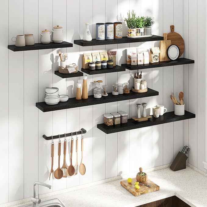 8 Inch Square Floating Shelves for Wall 3 Pack, 8"D Wood Grain Bathroom Shelves with Invisible Brackets, Easy Install Engineered Wood Storage Shelves for Kitchen, Living Room, Bedroom, Black Finish