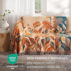 Boho Throw Blanket for Couch Sofa Bed, 100% Cotton Woven Quilt with Tassel 80”x90”, Super Soft Muslin Blanket with Floral Printed, Decorative Reversible Bed Blanket/Cover for All Seasons