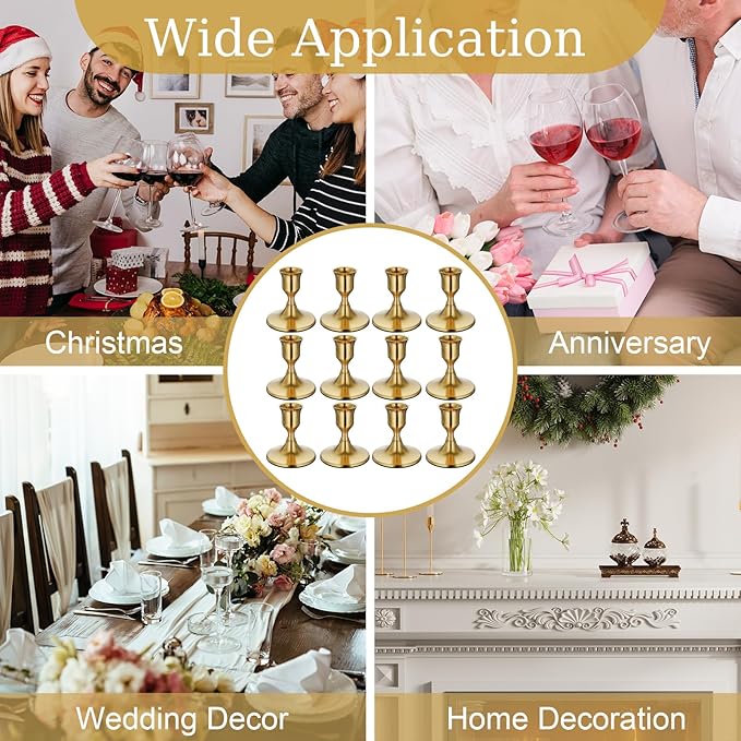 12PCS Brass Gold Taper Candle Holders Set, Vintage Metal Candlestick Holders for Dinner Room Table Centerpiece or Mantel Wedding Party Decor