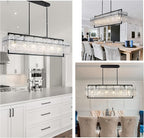 IKK Modern Rectangle Black Crystal Chandeliers for Dining Room, 42" Large Rectangular Water Ripple Glass Island Light Fixture, Linear Farmhouse Lighting for Kitchen Island, Living Room, L42xW11xH12