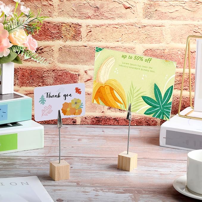 20 Pcs Cube Base Memo Clip Holder with Alligator Clip Wood Table Number Holder Cube Base Place Card Stand Mini Photo Menu Stand for Displaying Number Card (Light Wood Color)