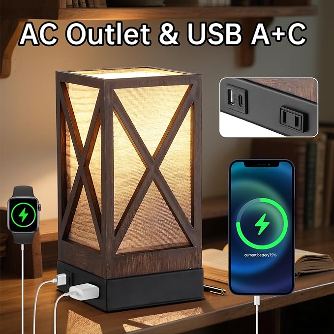 Table Lamp, Set of 2 Rustic Farmhouse Nightstand Lamps, 3 Color Temperatures Desk Lamp with USB Charging Ports AC Outlet Vintage Lamp for Living Room Bed Room, Brown Tiger Pattern