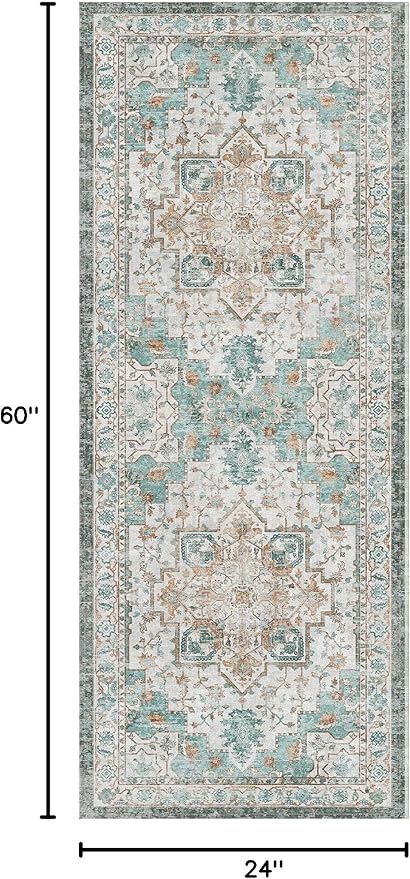 GENIMO 2x5 Runner Rugs for Hallway, Machine Washable Non Slip Vintage Rugs, Low Pile Lightweight Soft Print Rug for enrtyway, Corridor, Home Office, Kitchen, Cyan