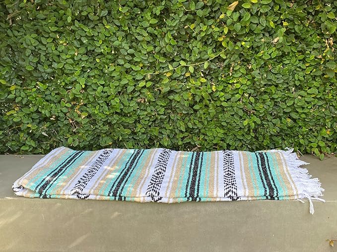 Del Mex Classic Mexican Blanket, Large Authentic Woven Falsa Throw (70"x50"), Artisan Southwest Décor for Beach, Yoga, Outdoors (Mint/Tan)