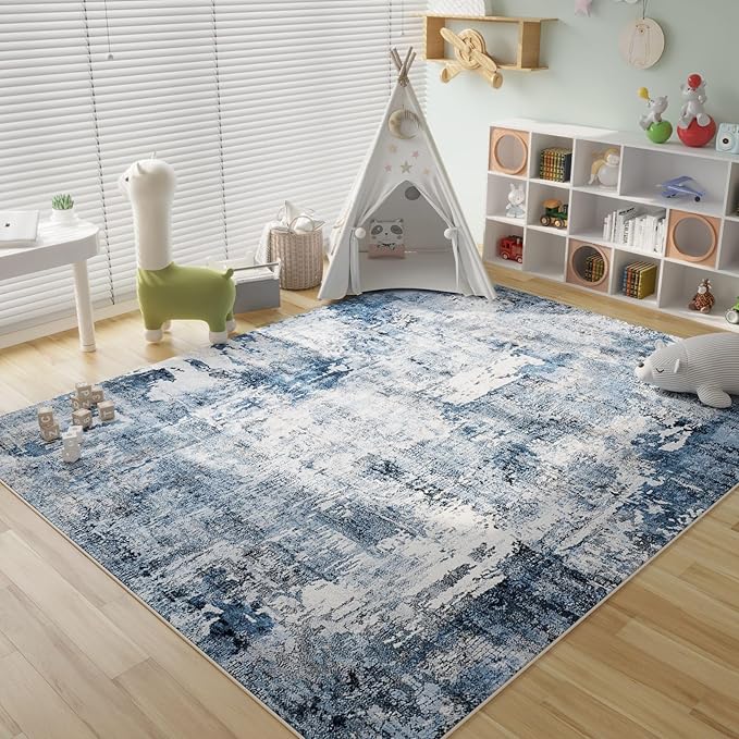 Rugcomf 8x10 Rug Washable Boho Rug Soft Large Area Rug Non-Slip Non-Shedding Faux Wool Vintage Rug for Living Room, Farmhouse, Dining Room, Indoor, Kids Playroom, Blue