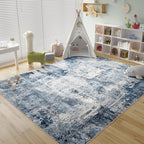 Rugcomf 8x10 Rug Washable Boho Rug Soft Large Area Rug Non-Slip Non-Shedding Faux Wool Vintage Rug for Living Room, Farmhouse, Dining Room, Indoor, Kids Playroom, Blue