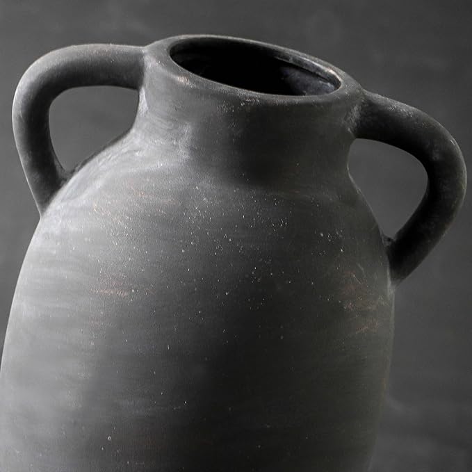 Terracotta Farmhouse Flower Vase, 9.6 Inch Ceramic Rustic Vase with 2 Handles, Decorative Vase Boho Decor for Home Decor, Table, Living Room, Shelf Decoration