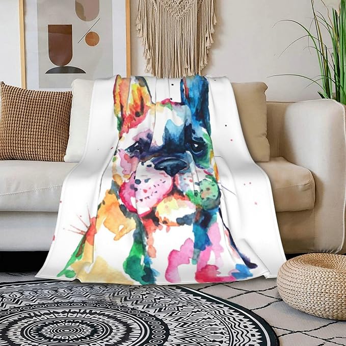 HGOD DESIGNS Watercolor French Bulldog Fleece Throw Blanket Ultra Soft Cozy Blooming Decorative Flannel Blanket All Season for Home Couch Bed Chair Travel 40x50in