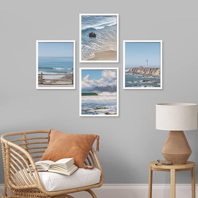 SIGNWIN Framed White Aerial View Blue Ocean Wave Beach Shore Wall Art, Set of 4 Landscape Colorful Wall Decor Prints, Nature Wilderness Wall Décor for Living Room, Bedroom - 11"x14" White