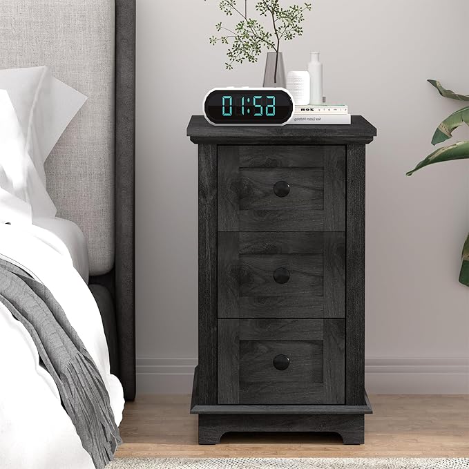 HIFYOBRO Narrow End Table Set of 2, 3 Drawers and Charging Station, Type-C & USB Port & Power outlets, Wooden End Table, Side Table with Storage for Living Room, Bedroom Nightstands