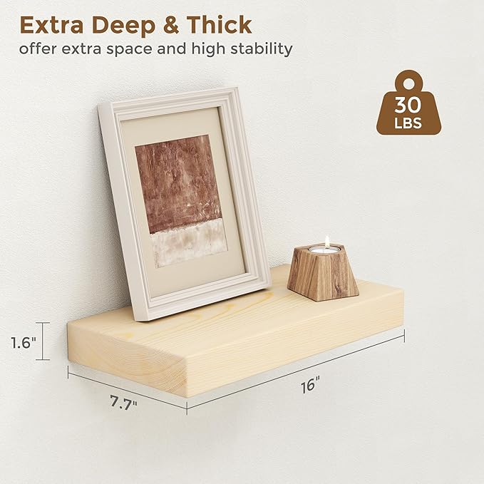 Marsmiles Natural Wood Floating Shelves for Wall - Small Wood Floating Shelves Set of 2-16 Inch Wide x 7.7 Inch Deep x 1.6 Inch Thick Wooden Shelves for Room Wall