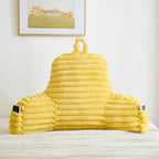 Faux Fur Fluffy Yellow Reading Pillow with Pockets, Luxury Striped Plush Decorative, Arm Rests and Back Surport for Bed Rest, Lounging on Sofa, Standard