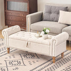 Furniliving 51” Storage Benches, End of Bed Bench with Button-Tufted Large Upholstered Storage Ottoman Linen Window Bench with Storage Shoe Cabinet Bench, for Bedroom, Entryway, Closet, Beige