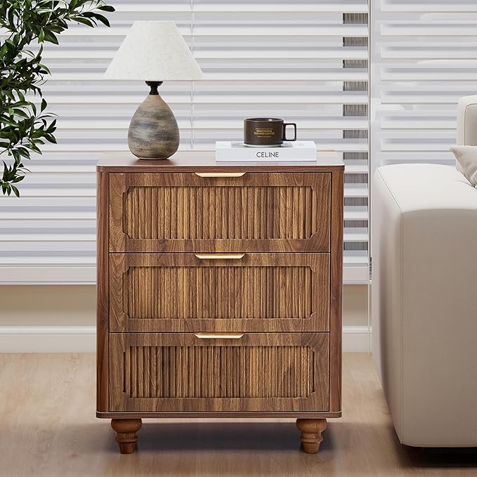 3 Drawer Dresser for Bedroom, Mid Century Modern Closet Dressers Chest of Drawers, Fluted Wood Wide Nightstand Storage Dresser with Drawers for Living Room, Dressing Room, Entryway, Hallway, Walnut