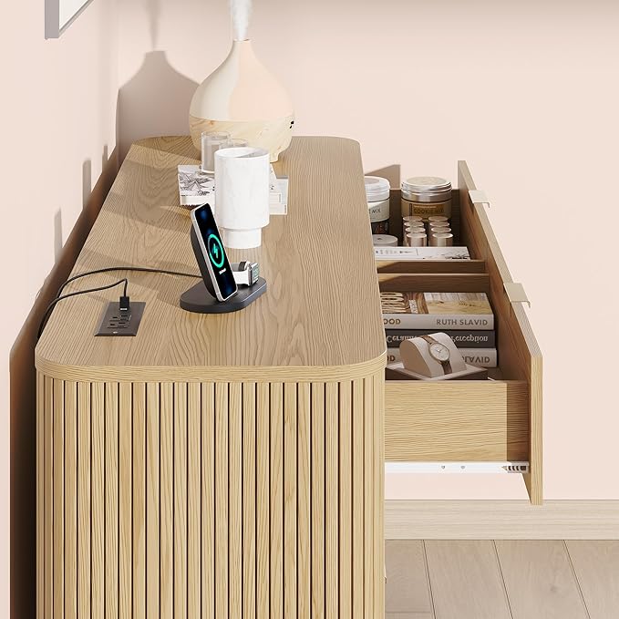 Alohappy Fluted 6 Drawer Dresser with Charging, 57" Wide Wood Dresser TV Stand, Mid Century Modern Long Dressers with Curved Profile Design for Closet (Natural Oak, 17.7" D x 57" W x 31.5" H)