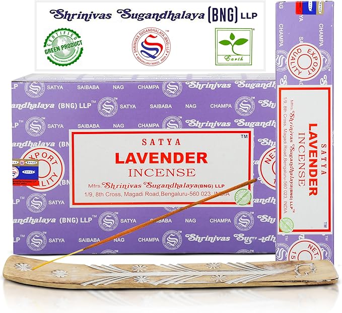 Satya Lavender Incense Sticks, Satya Bng (Bangalore) Insenses 15gmx12 Pack with Raajsee Incense Holder Bundle, Satya Nagchampa Natural Incense