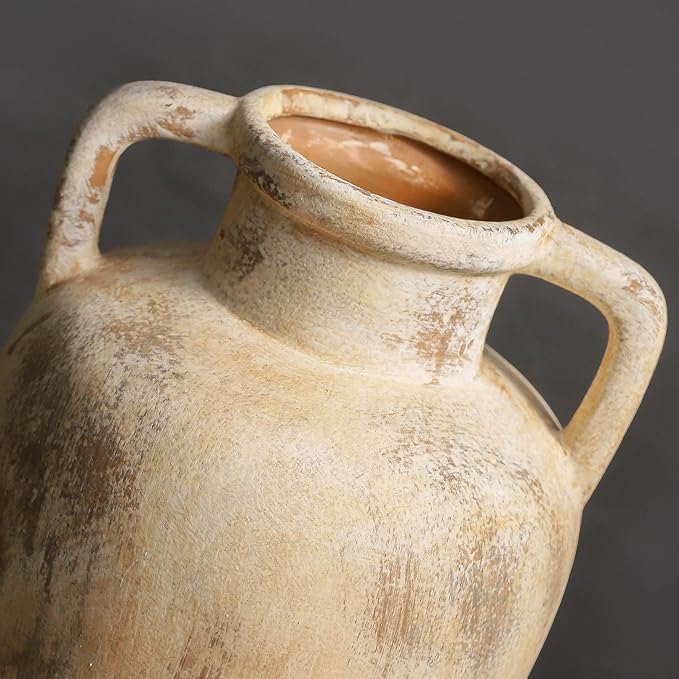 Ceramic Flower Vase, 8.85 inch Tall Terracotta Vase with 2 Handles, Rustic Farmhouse Vase for Home Decor, Living Room Shelf Decor, Enterway, Table