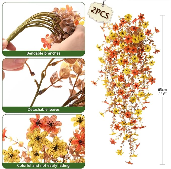 Artificial Fake Hanging Fall Flowers for Outdoor Decoration,2 Pcs Fake Silk Plant Daisy Realistic UV Resistant for Home Indoor Porch Patio Wall Balcony Yard(Orange Yellow)